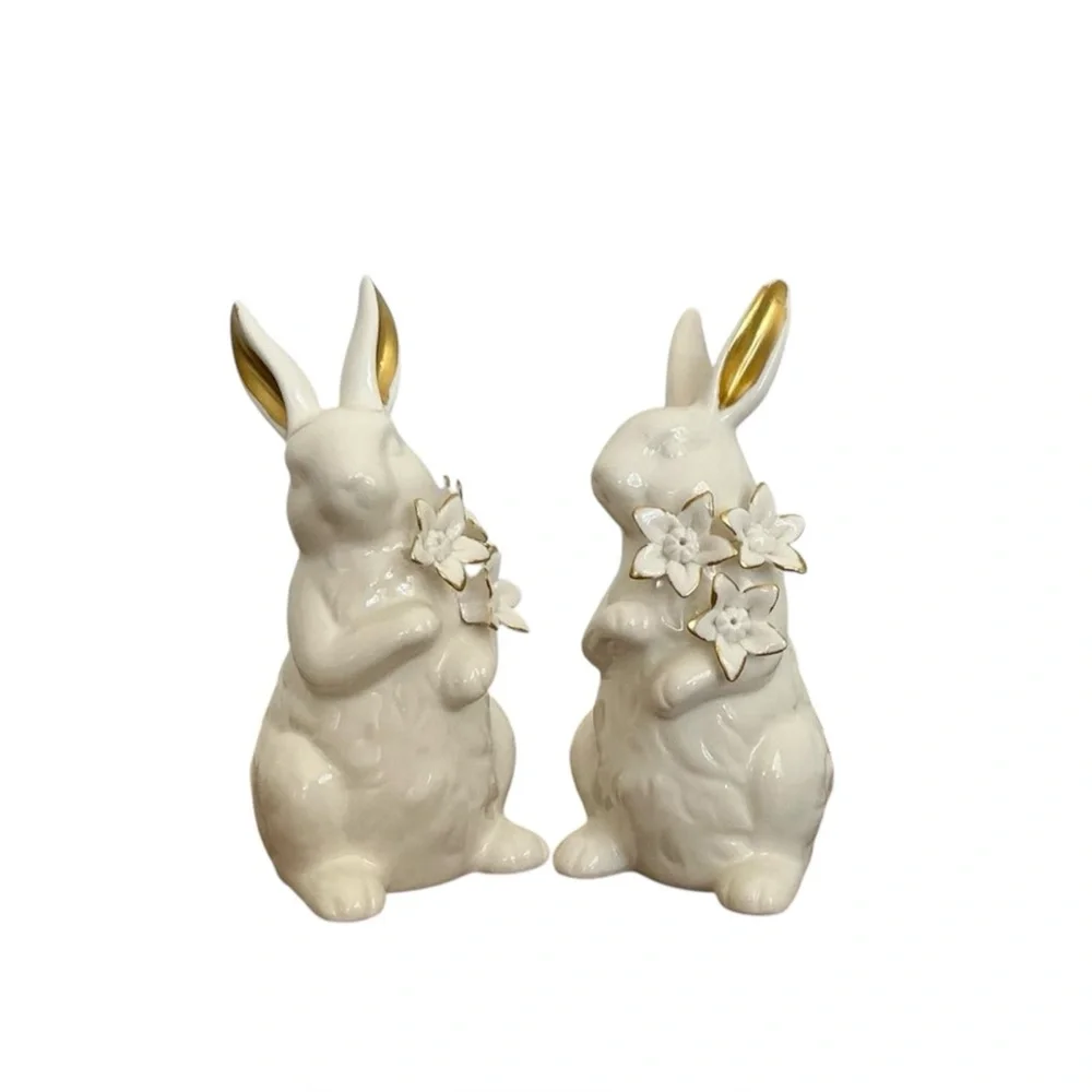 Ceramic Bunny Figurine Pair with Gold Ears & Flowers | Spring Decor - Picture 1 of 4